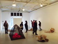 El artista exhibe siete cuerpos en escala uno a uno, trabajados con cartón reciclado y dos carpas de camping construidas con mallas mosquiteras.