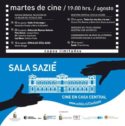 Programación del ciclo de agosto de Sala Sazié, Cine en Casa Central, espacio gratuito abierto a todo público.