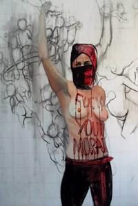 A partir del cruce entre imágenes de mujeres retratadas por Bouguereau y archivos almacenados en la red de mujeres Femen, Andrea Rojas busca reconstruir "una nueva escena de la mujer actual", dice.