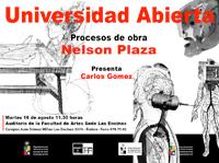 La charla Universidad Abierta: Procesos de obra de Nelson Plaza se realizará, con entrada liberada, el 16 de agosto, a las 11:30 hrs., en el Auditorio de la Facultad de Artes sede Las Encinas.