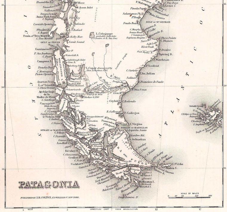 Gran interés ha generado la zona austral de Chile, en la imagen un antiguo mapa de la Patagonia (J. H. Colton, New York, 1857).