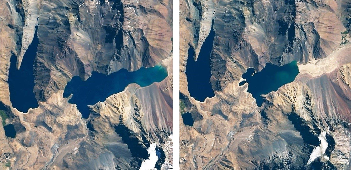 A la izquierda, el embalse El Yeso en marzo de 2016. A la derecha, El Yeso en marzo de 2020 (imagen: Landsat 8/OLI)