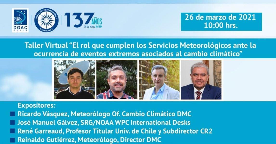 En el taller virtual de la Dirección Meteorológica de Chile participaron como expositores Ricardo Vásquez, José Manuel Gálvez. René Garreaud y Reinaldo Gutiérrez.