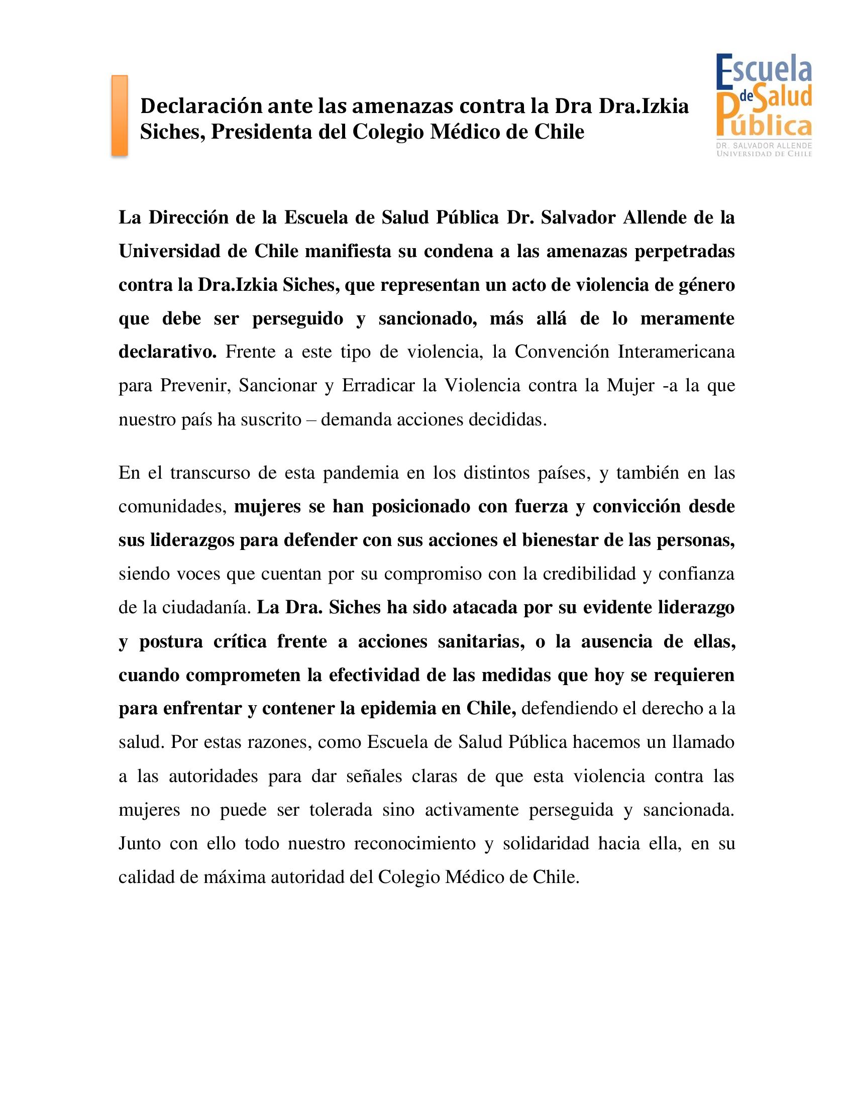 Declaración Dirección Escuela de Salud Pública Universidad de Chile