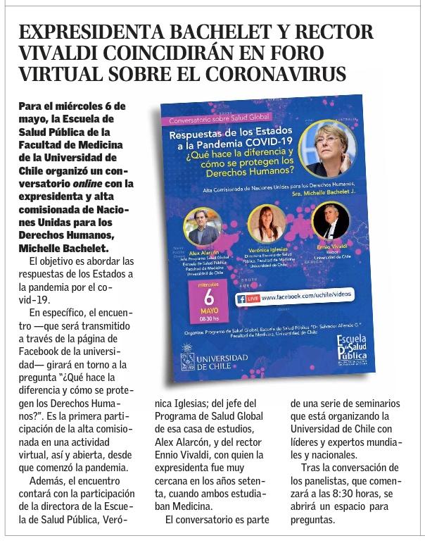 Conversatorio sobre Salud Global con Michelle Bachelet, Publicación Diario El Mercurio
