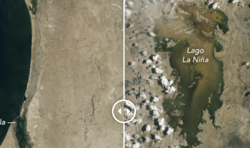 Las imágenes capturadas por el satélite Landsat 9 muestran el nivel del agua en el lago La Niña, en Perú, antes y después de la lluvia de principios marzo último.