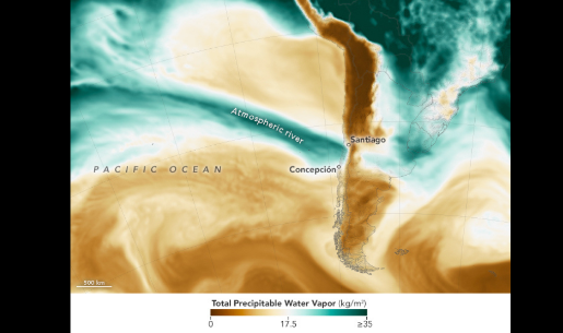 Vapor de agua precipitable total en la atmósfera (imagen obtenida con datos del Sistema de Observación de la Tierra Goddard).