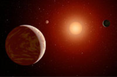 Concepción artística de una joven estrella enana roja rodeada por tres planetas. La estrella de Kapteyn es similar, con sus dos planetas "Tierra" recién descubiertos. Cortesía de NASA / JPL-Caltech