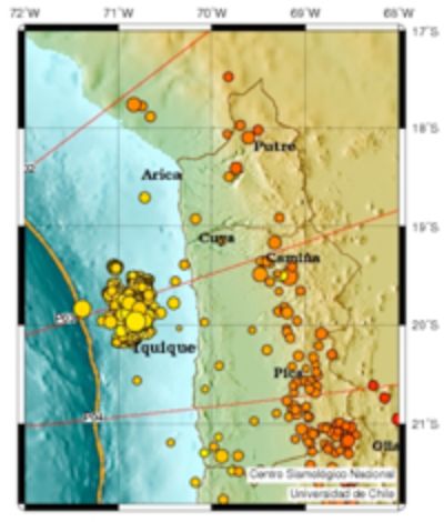Sismicidad de Marzo 2014 en el norte de Chile, identificada por el Centro Sismológico Nacional de la U. de Chile