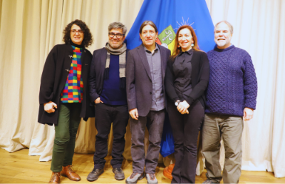 Silvia Aguilera de LOM Ediciones, Enrique Aliste, María Luisa Méndez y Ricardo Rozzi en la Casa Central de la Universidad de Chile.   