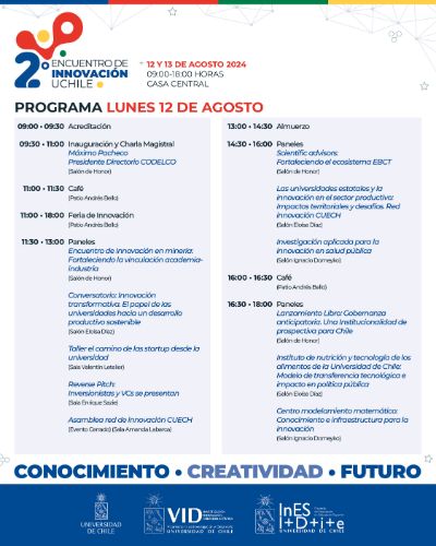 El primer día del 2do Encuentro de Innovación UCH será inaugurado por el Presidente de Codelco, Máximo Pacheco, quien dictará una charla magistral.