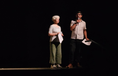 El director de Creación Artística Fernando Gaspar y la académica de la Facultad de Artes Nuri Gutés, en la inauguración de "Coreográficas". 