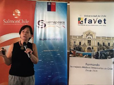 La académica de la Universidad de Chile y directora de Farmavet, Betty San Martín, abordó la situación actual del uso de antibióticos en la salmonicultura chilena. 