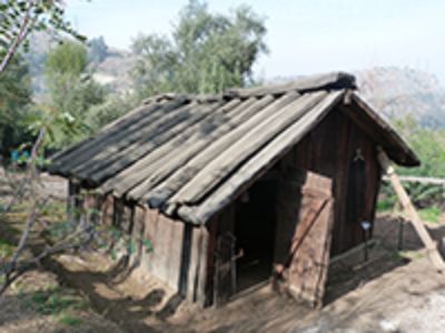 Casa de canogas. Trapa Trapa, Alto Bibío. Está construida por tablones de madera de roble, en cuya cubierta son de forma cóncava y convexa.
