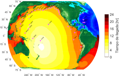Figura 5: Tiempos de viaje de las ondas de tsunami.
