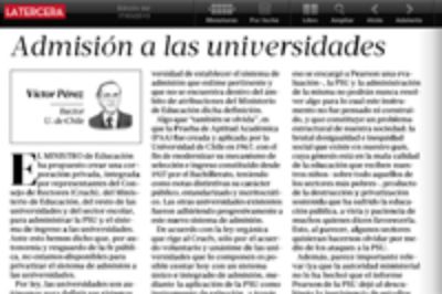 Columna de opinión del Rector Víctor Pérez Vera en el diario La Tercera.