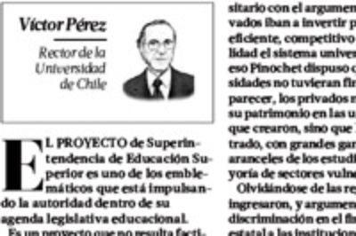 Rector de la U. de Chile, Víctor Pérez Vera en la columna de opinión del diario La Tercera el 12 de mayo de 2013: Agenda legislativa educacional