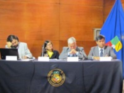El panel de Senadores Universitarios, compuesto por Jonás Chnaiderman, Leyla Olguín, Juan Pablo Cárdenas y Hugo Sánchez.