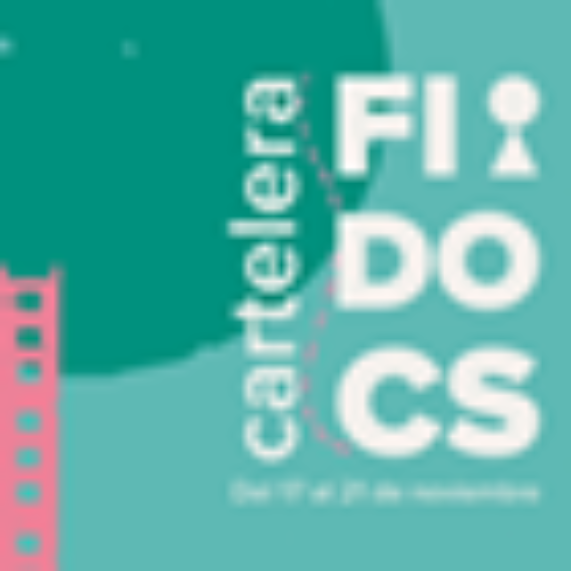 Afiche de color celeste, con letras blancas que indican el nombre del festival FIDOCS y la fecha en que se realizará