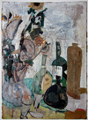 Fausto Pirandello. Natura morta con bottiglie e brocca. Ca 1954. Óleo sobre cartón, 70 x 50 cm. Colección MAC