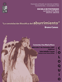 Bruno Cuneo dictará el coloquio "La constelación filosófica del aburrimiento" este miércoles 5 de diciembre, a partir de las 18:00 horas, en la sala Adolfo Couve (Las Encinas 3370)