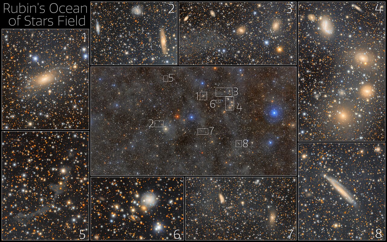 Esta imagen de 1,7 gigapíxeles de un campo de estrellas en la constelación de Lupus muestra la visión sin precedentes del Universo que nos ofrece el Observatorio Vera C. Rubin de la NSF–DOE. Equipado con la Cámara LSST —la cámara digital más grande del mundo—, Rubin combina una amplia vista del cielo con la capacidad de detectar objetos extremadamente tenues. Con esta capacidad, Rubin puede revelar detalles del cosmos en una enorme gama de escalas: desde galaxias lejanas hasta estrellas individuales, pasando por las sutiles nubes de polvo dispersas por toda nuestra galaxia.