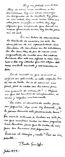 Carta de Berta Guiloff (madre de Claudio Grossman) a su sobrina.