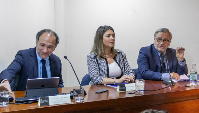 La participación del profesor Lucas Sierra, la abogada Carolina Araya y el Decano, Pablo Ruiz-Tagle.