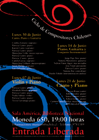 El lunes 30 de junio a las 19:00 hrs. comienza el Ciclo de Compositores Chilenos en la Biblioteca Nacional, organizado por el Departamento de Música en conjunto con dicha institución. 