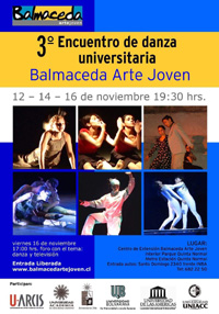 Con siete trabajos de estudiantes y también de profesores del Departamento de Danza , la Universidad de Chile estará presente en el Tercer Encuentro de Danza Universitaria, el viernes 16 de noviembre.