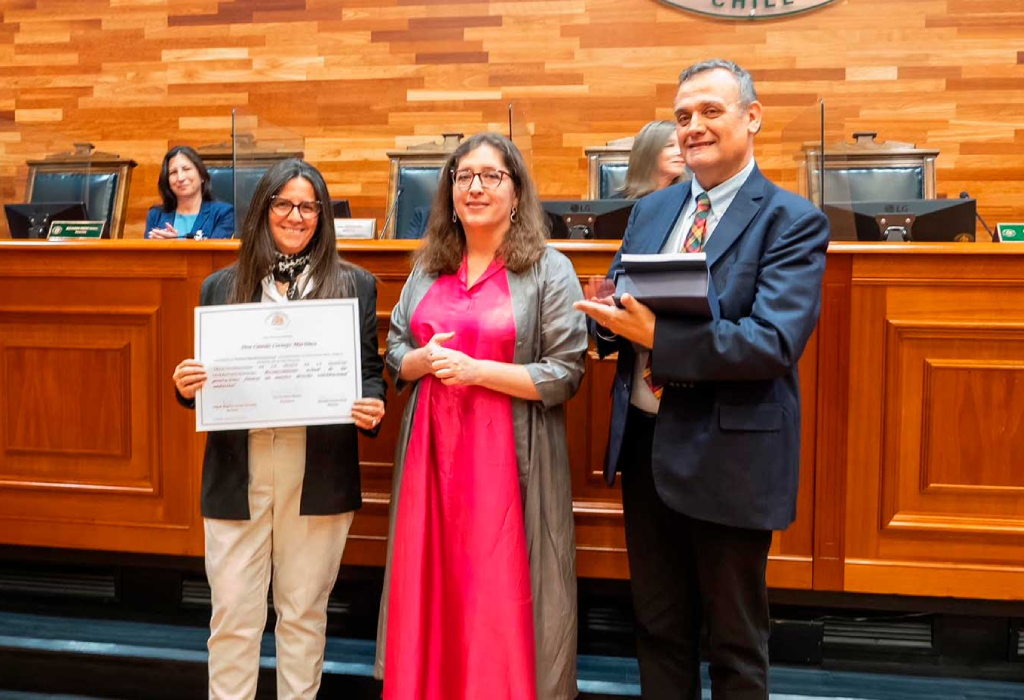 El premio al académico Camilo Corneo fue entregado por la Presidenta del TC, Daniela Marzi, y el Ministro Héctor Mery.